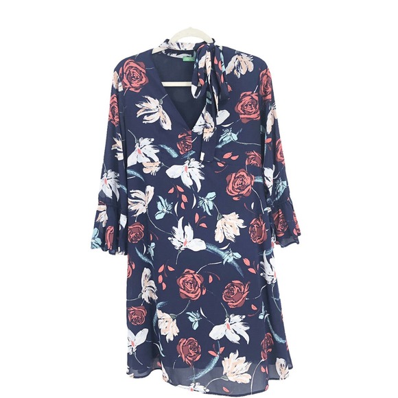 United Colors of Benetton Womens Size Small Floral Printed Bell Sleeve Dress - Picture 9 of 9